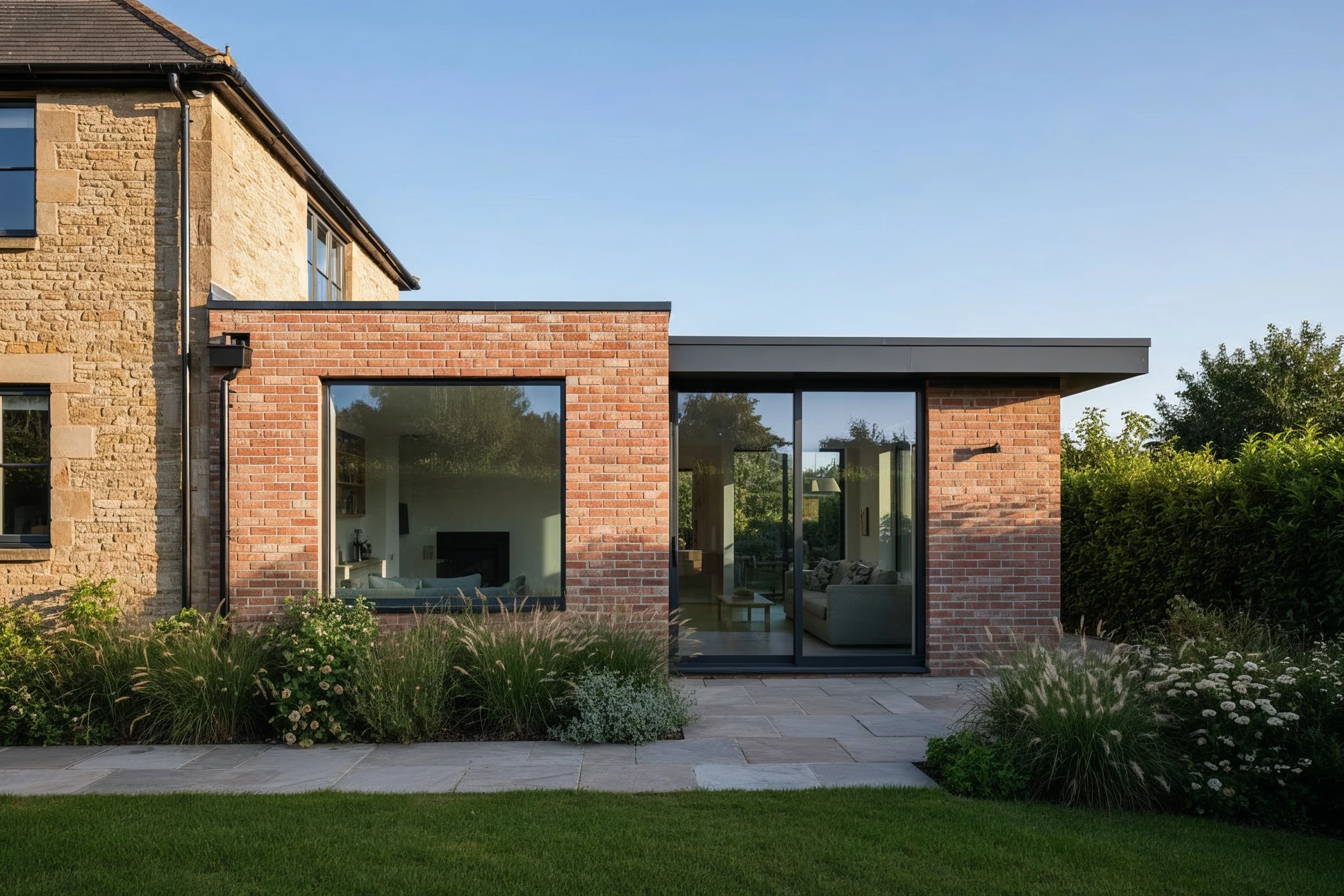 Maison contemporaine à architecture moderne située dans un environnement rural au coucher du soleil