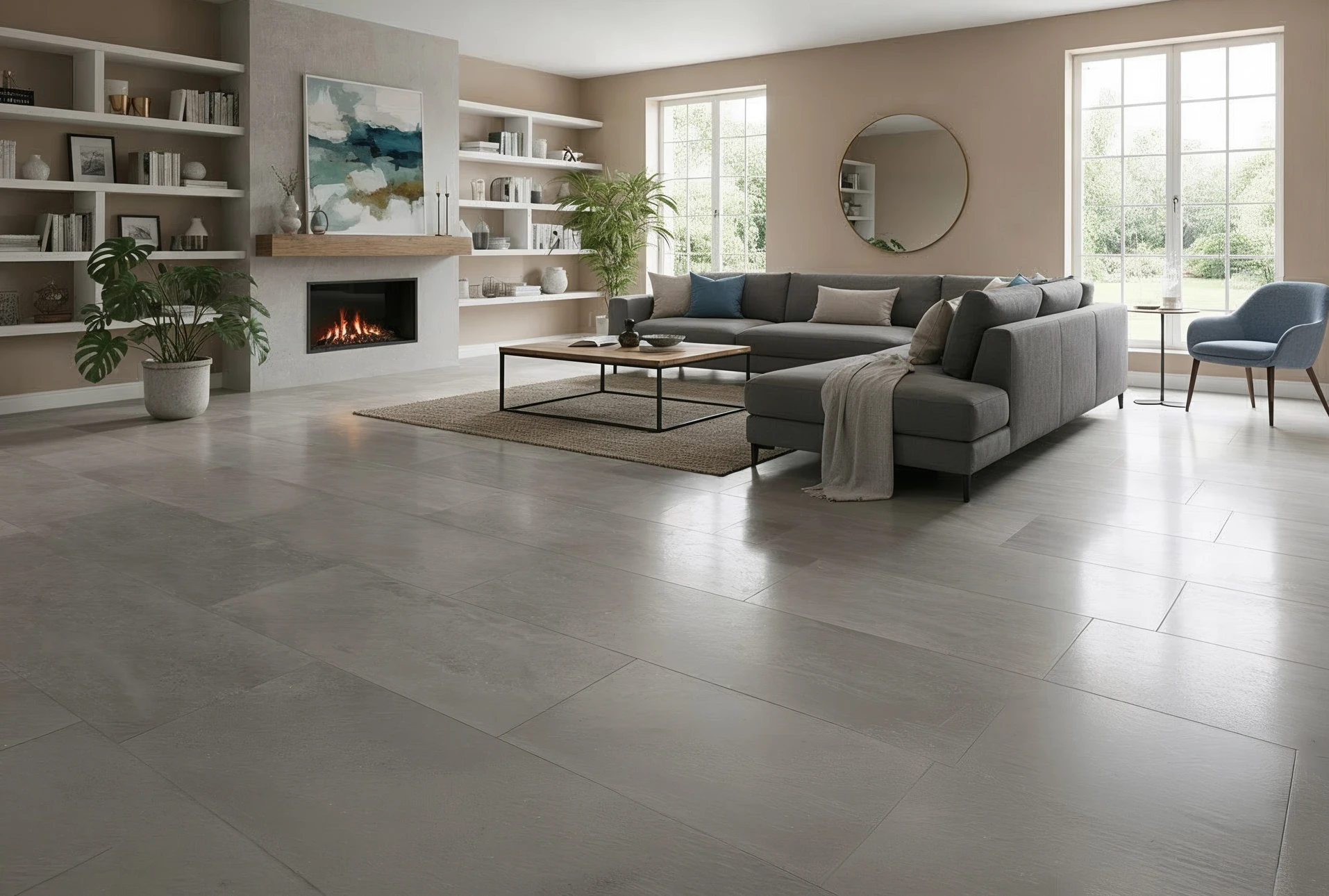 Artisan carreleur en salopette kaki posant des carreaux sur chantier de rénovation intérieure